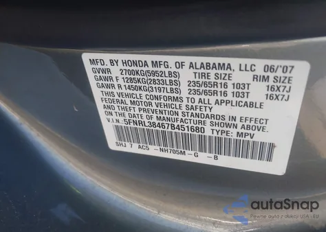 2007 Honda Odyssey Ex из США, поврежденный, VIN 5FNRL38467B451680